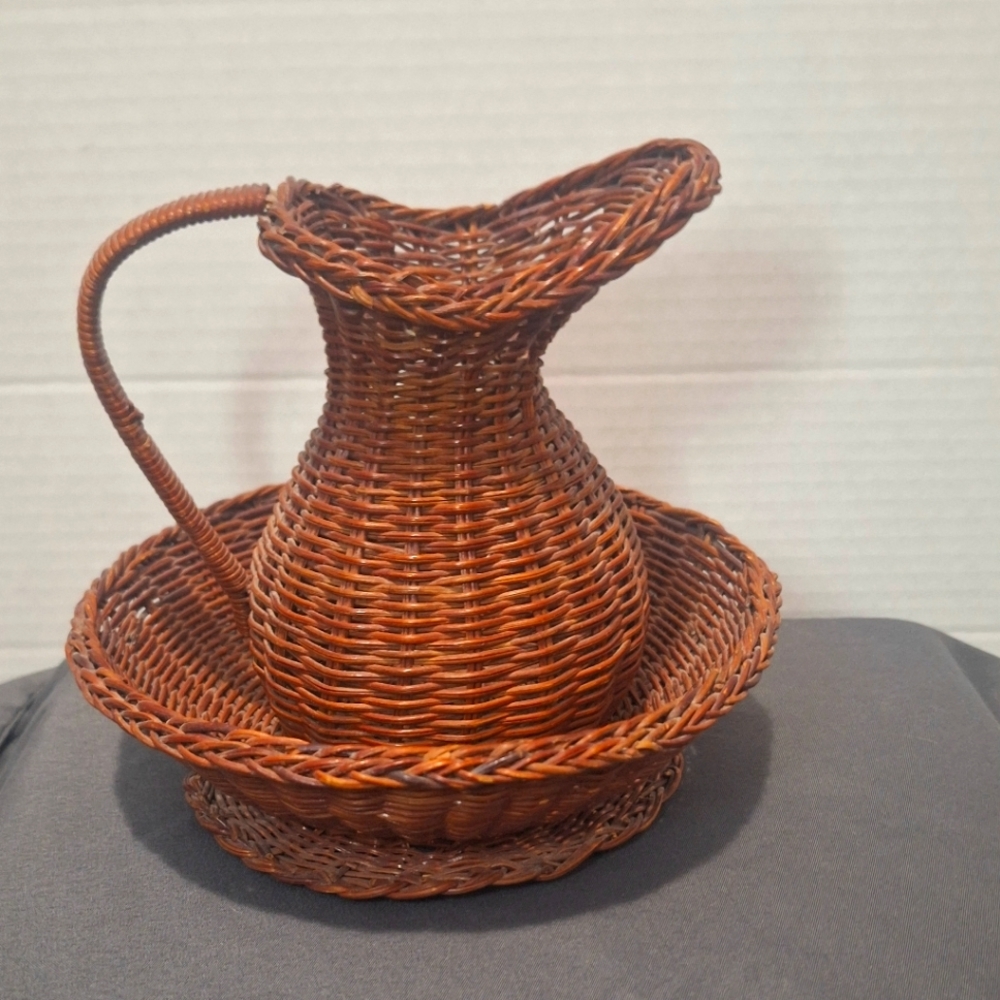 Vintage Wicker Pitcher & Wicker Bowl Set 4 1/2 Inch Pitcher 2 Inch Tall Bowl